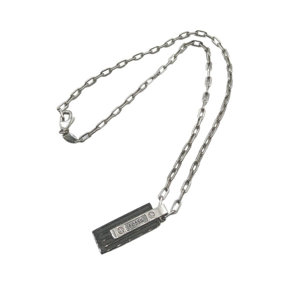 Fossil Pendant Necklace Mens 18.5” Stainless Steel Paperclip Chain 90s Rock